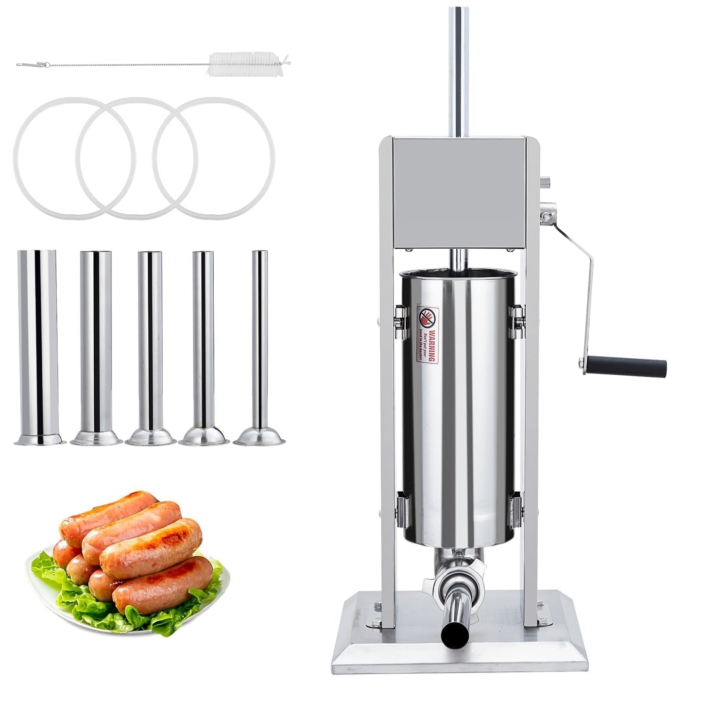 Manual Stainless Steel Sausage Maker, 10L Capacity Meat Stuffer with Dual Speed and 5 Stuffing Tubes, Heavy Duty Sausage Filler for Home Kitchen and Commercial Use