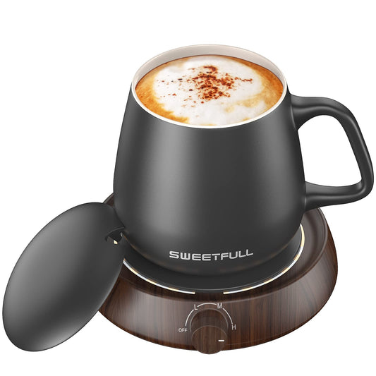 SWEETFULL Mug Warmer for Coffee and Tea Coffee Mug Warmer Set W/Mug and Lid Coffee Warmer As Coffee Gifts for Desk Office Coffee Lovers. （20W Cup Warmer Candle Warmer Auto Shut Off） (Wood Grain)