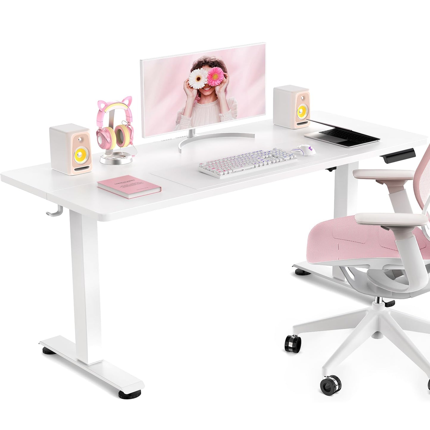 Veken 47.2 Inch Large Electric Standing Desk, Heights Adjustable, Sit to Stand Up, Work Home Office Computer Table for Study, Walking Pad, Writing, and Games, Wooden Desktop Desks, White