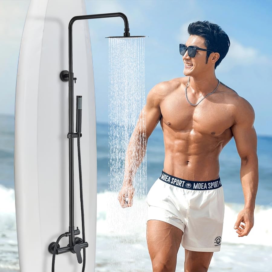 MOSSON Shower System Matte Black Outdoor Shower Fixtures with 8" Rain Shower Head Handheld Sprayer Single Handle 304 Stainless Steel Wall Mounted Shower Shower Faucet Combo for Bathroom or Backyard