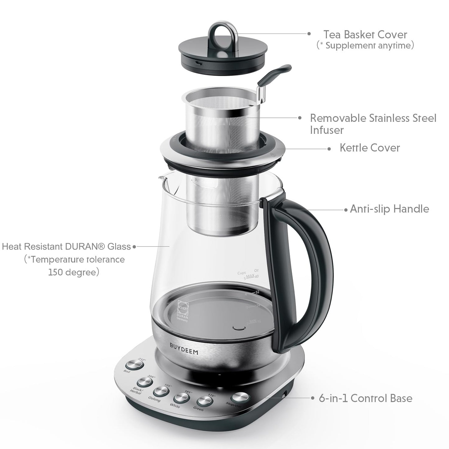 BUYDEEM K2423 Tea Maker, 316 Stainless Steel & Heat Resistant DURAN Glass Electric Kettle, Removable Infuser, Auto Keep Warm, 1.2L