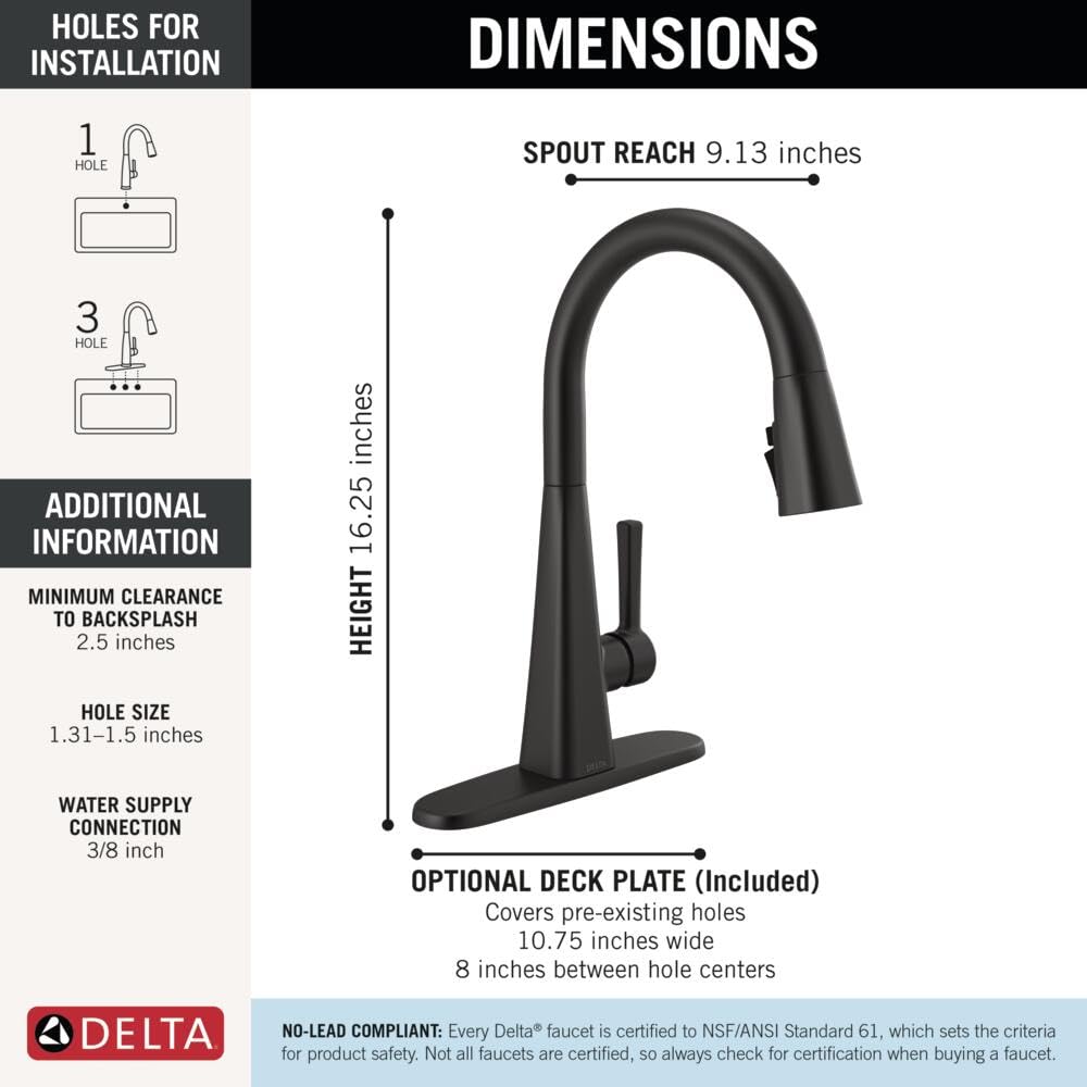 Delta Lenta Matte Black Kitchen Faucet with Pull Down Sprayer, Modern Single Hole Kitchen Sink Faucet, Single Handle, Matte Black 19802Z-BL-DST