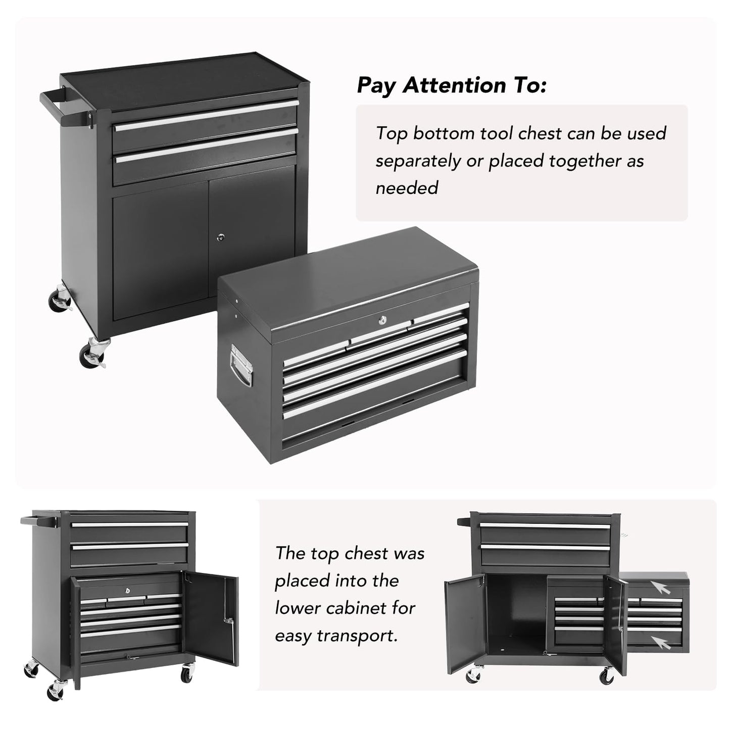 WAYTRIM 8-Drawer Rolling Tool Chest, Tool Storage Cabinet, Detachable Organizer Combo, Side Hooks & Drawer Liners, w/Wheels Lock & Key, Tool Storage Organizer Box for Garage, Repair Shop (Black)