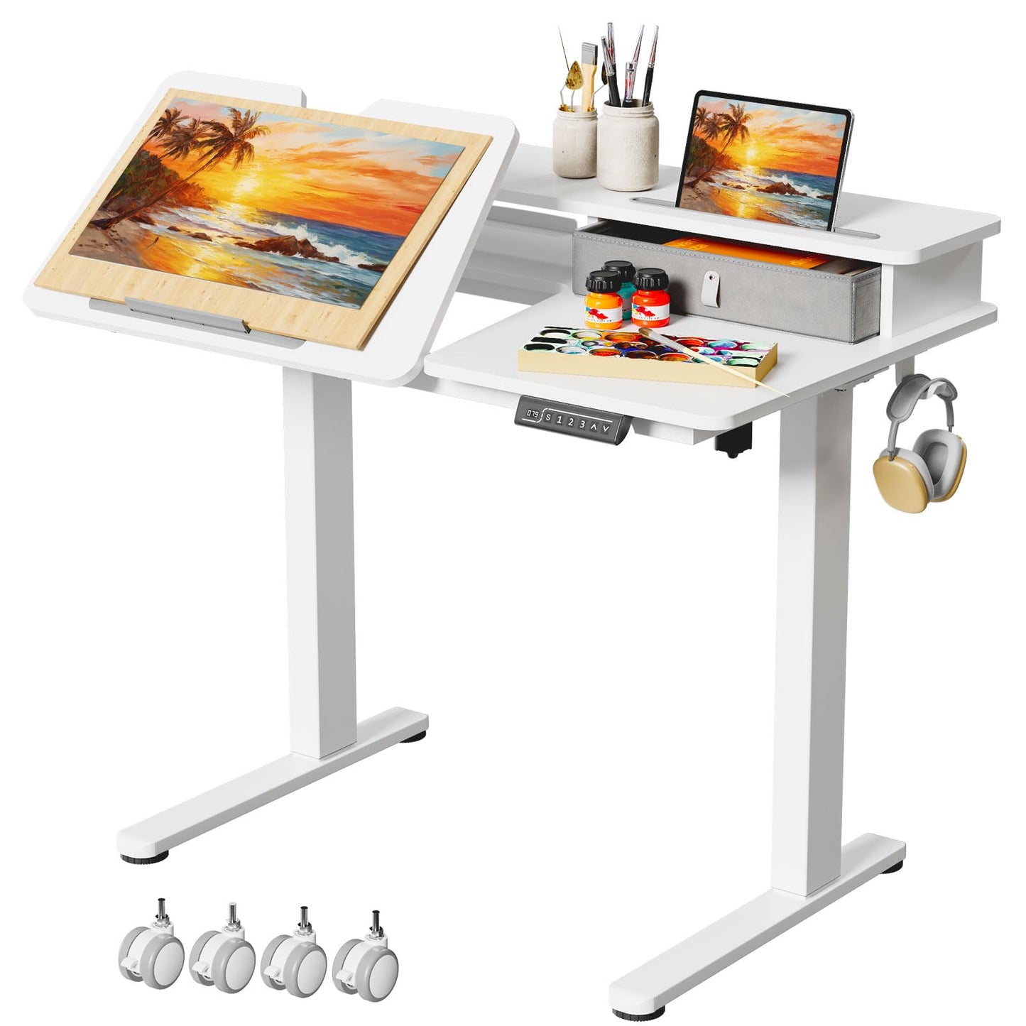 White Standing Desk，60° Tiltable Height Adjustable Electric Rising Desk，40Inch Foldable Mobile Laptop Table with Shelf,Monitor Stand, Drawer ,Flippable Drafting Workstation on Wheels for Kids’ Drawing