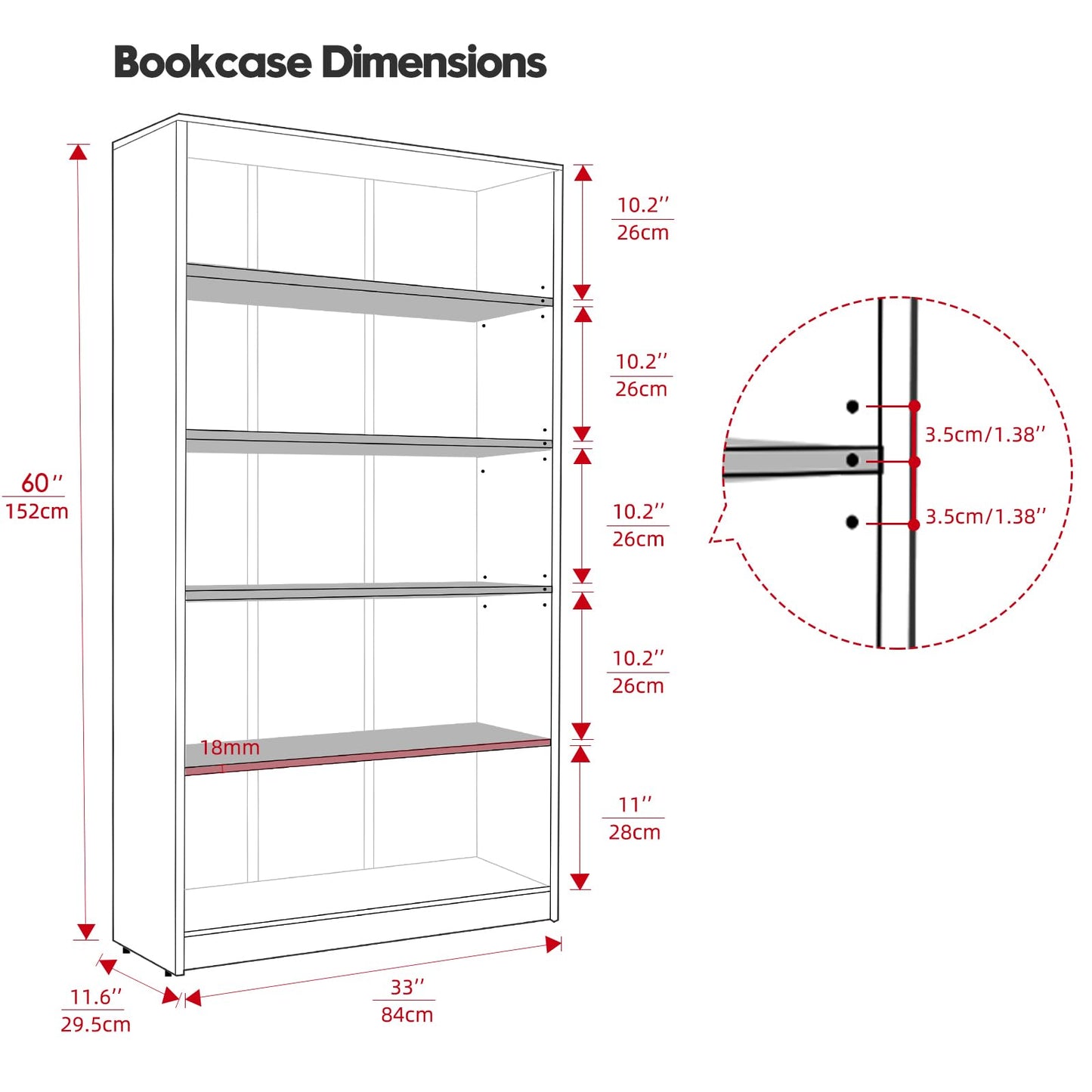 i-VTIES 5-Tier Bookshelf,60inch Tall Bookcase with Adjustable Shelves,Modern Display Book Shelf,Wood Storage Shelves for Bedroom, Office, Living Room & Library（Black）