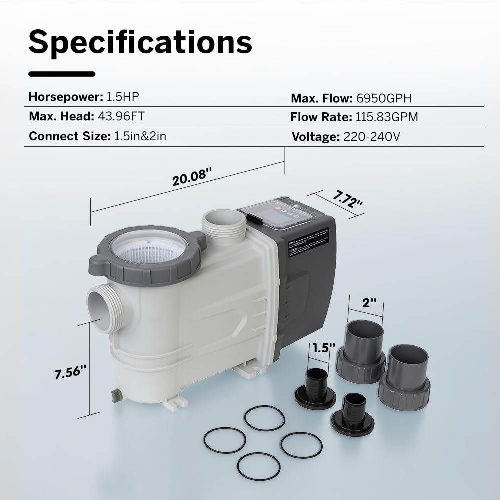 BlueBay 1.5 HP Energy Star Certified Water-Cooled Variable Speed Pool Pump with LED Display, 230V/60Hz, Energy Efficient for Inground & Above Ground Pools