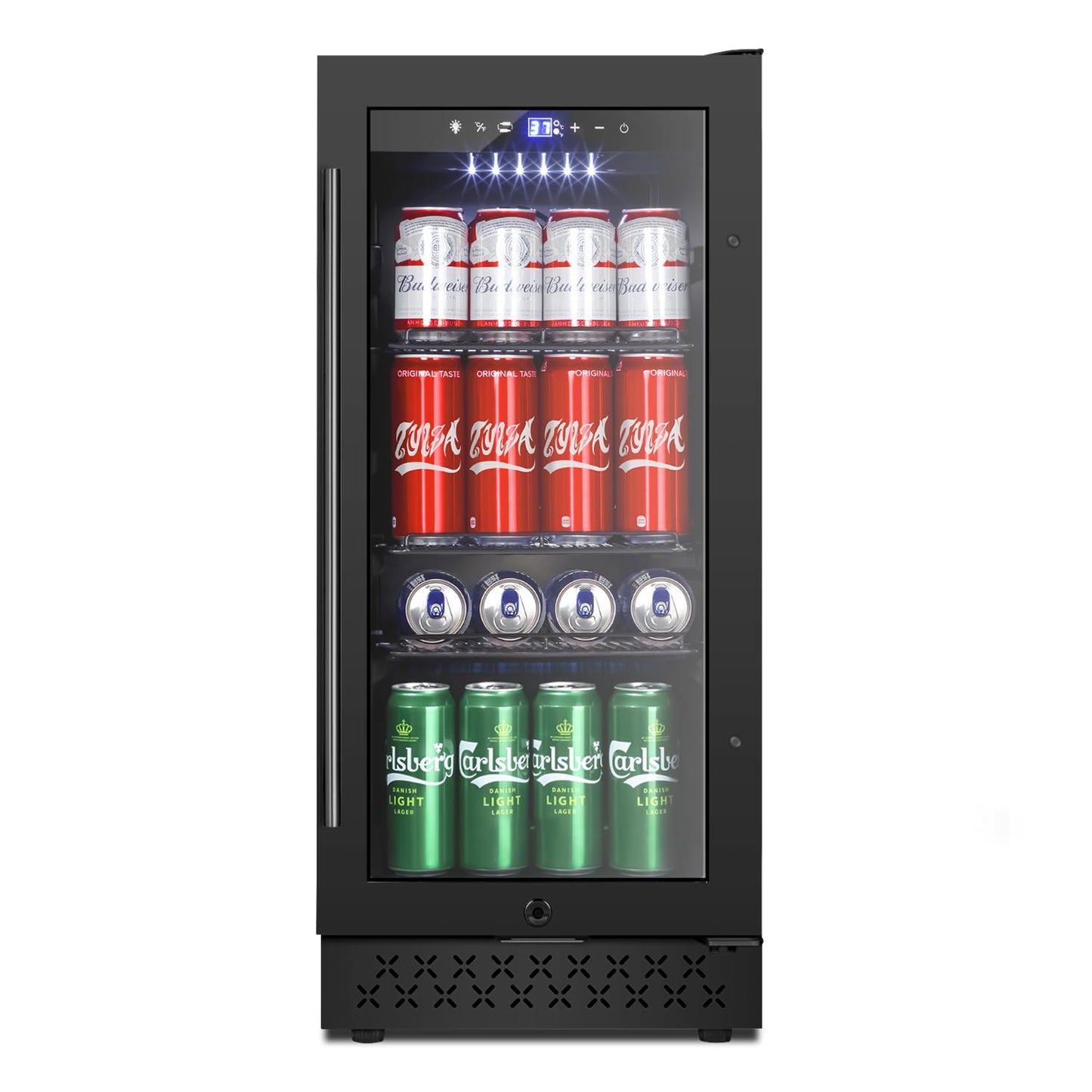 Tylza 15 Inch Beverage Refrigerator, Under Counter/Freestanding Drink Fridge, 130 Cans Beverage Cooler with Glass Door, Reversible Door, Low Noise, Quick Cooling - for Beer, Soda, ETC, Black
