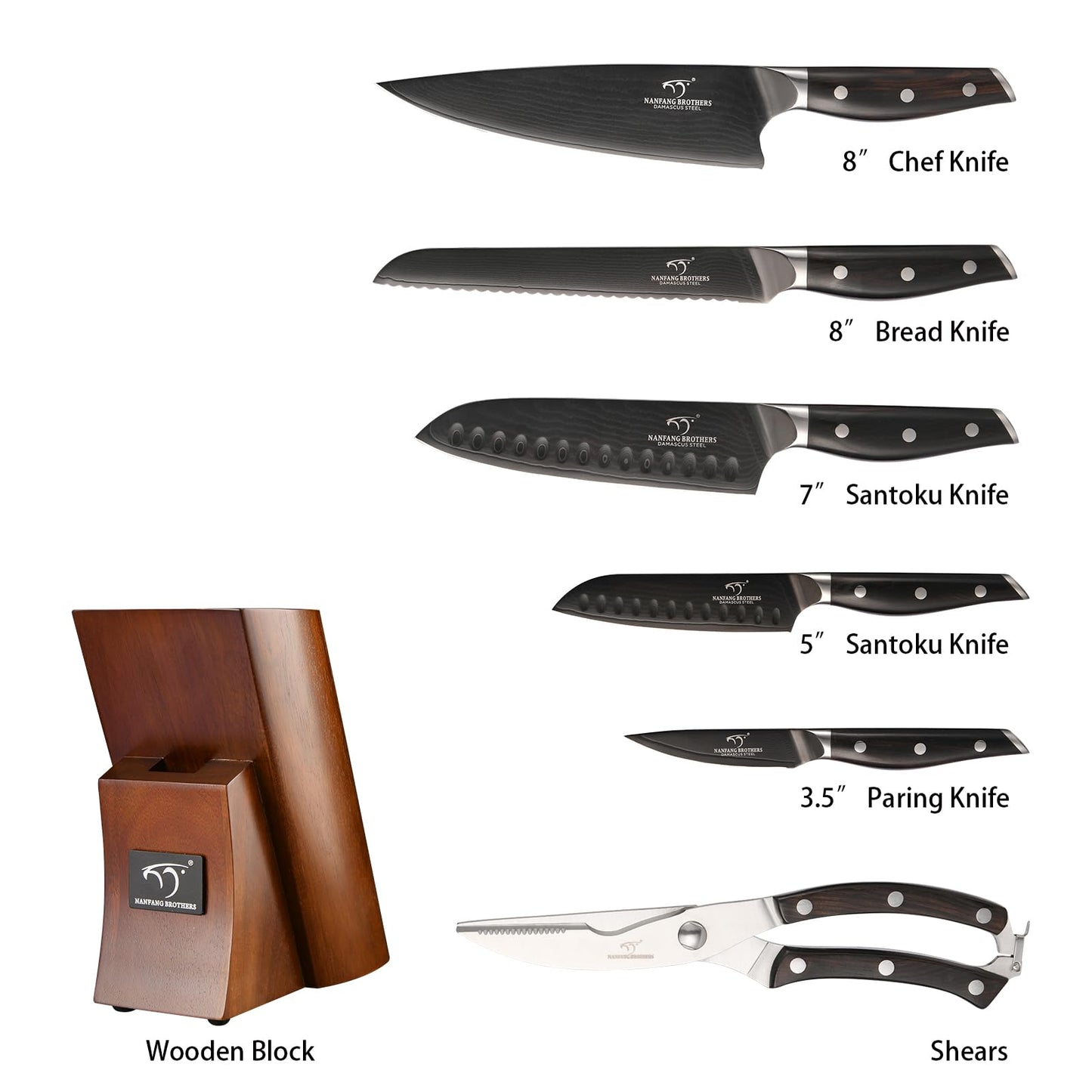 7-Piece Damascus Knife Set with VG10 Core Blades, 67-Layer Damascus Steel, Black Titanium Coated Kitchen Knives for Polished Ebony Wood Handle for a Comfortable, Ultra Sharp Chef Knife Set