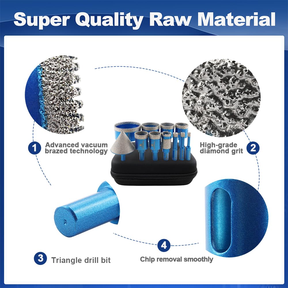 Tile Hole Saw Kit Diamond- BRSCHNITT 11pcs Diamond Core Drill Bit for Porcelain Tile Ceramic Marble Granite Drilling Triangle Shank