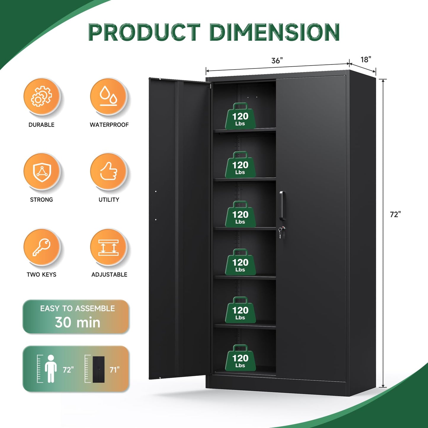 Letaya Metal Garage Storage Cabinets with Lock-72 Tall Tool Organizer Steel Lockers, 5 Adjustable Layers Shelves for Home,Office,Warehouse,Garage,(Black-72“)