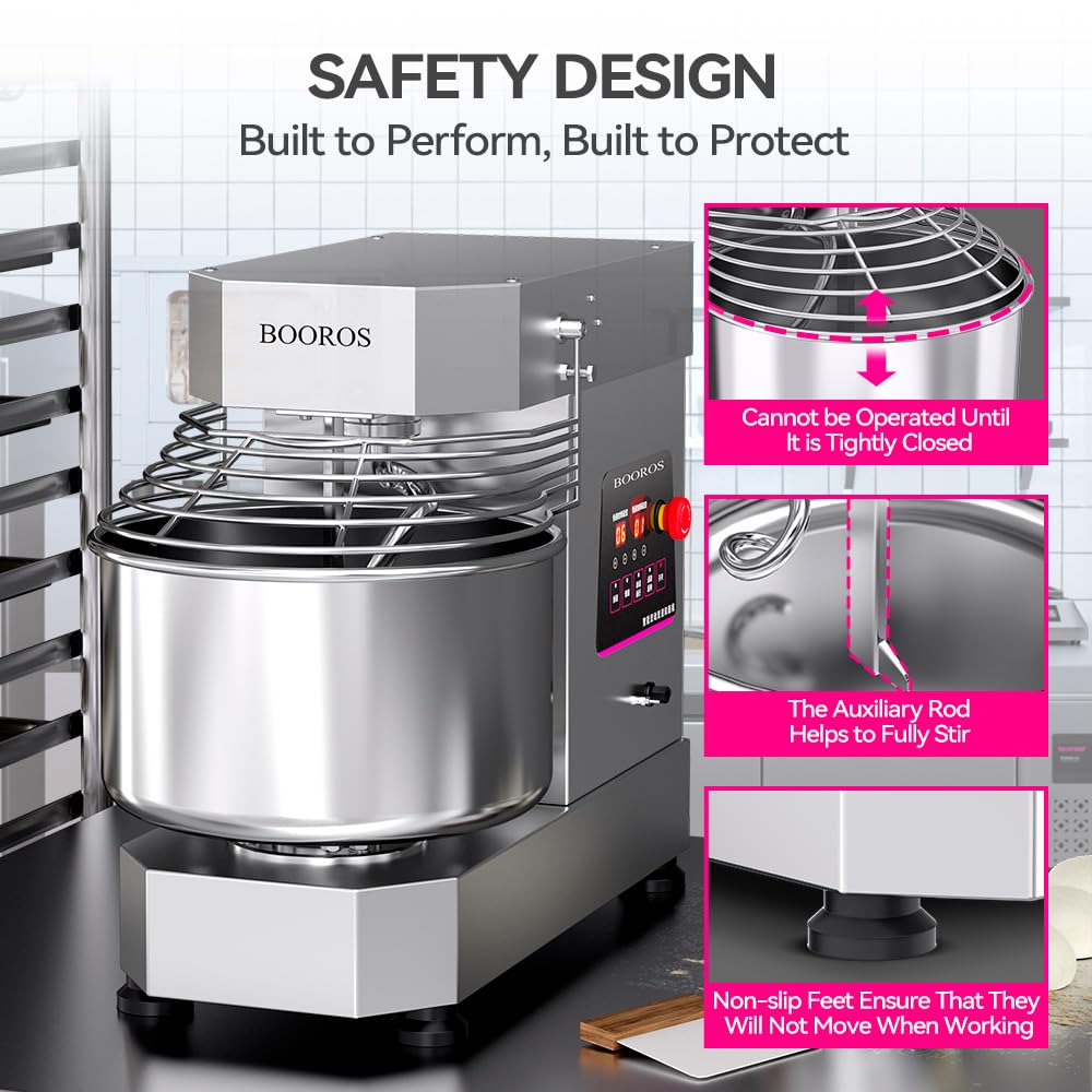 BOOROS Commercial Dough Mixer 750W Dual Rotating Dough Kneading Machine Pizza Dough Mixer 10.5Qt Capacity with Timer & Safety Shield Make 2.2-11Lbs of Dough Suitable for Bakery Pizzeria,110V