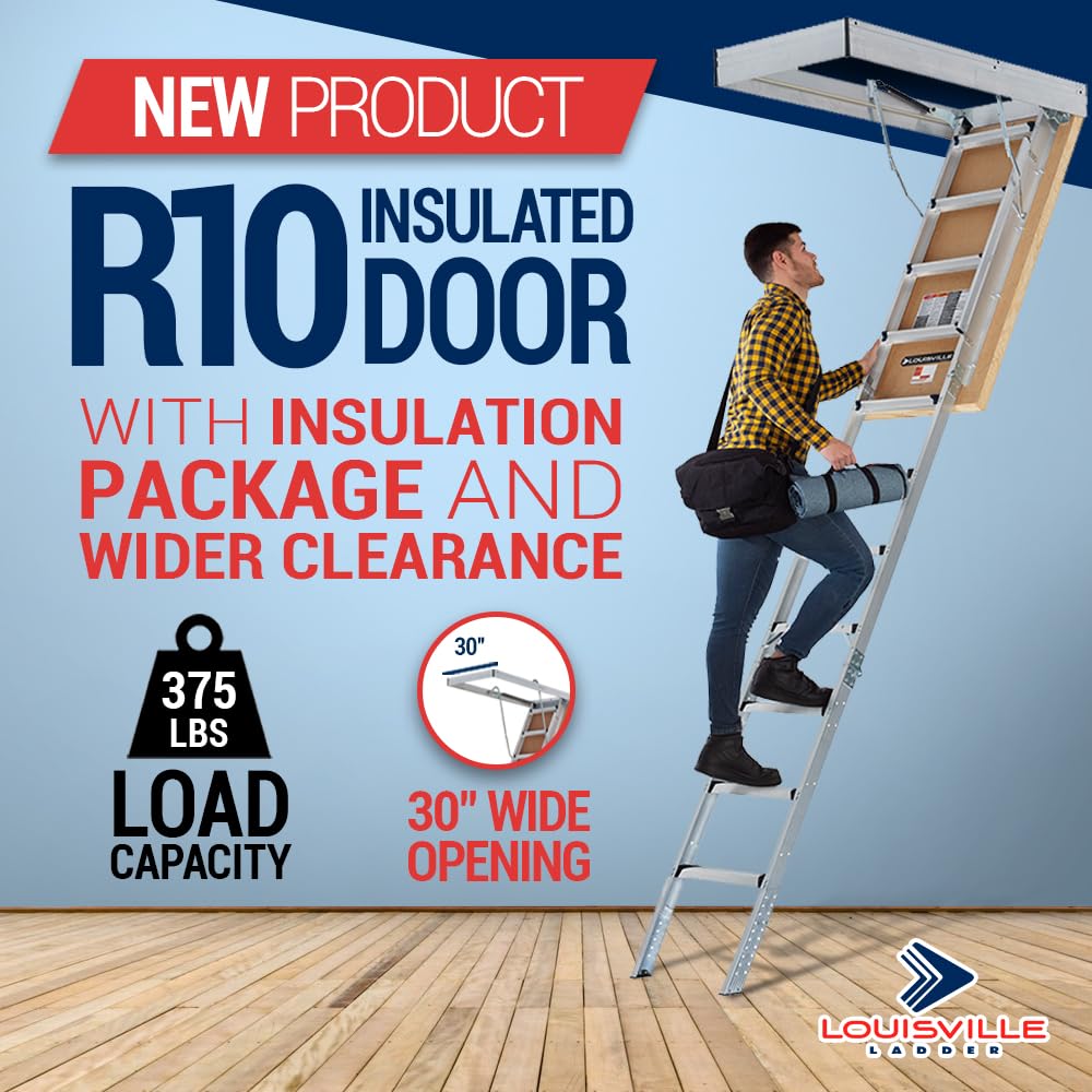 Louisville Ladder 7.8-10.3-Foot Insulated Door Aluminium Attic Ladder 30" x 54" (Rough Opening), 375-Pound Load Capacity, Type IAA, AL3040MG-R10