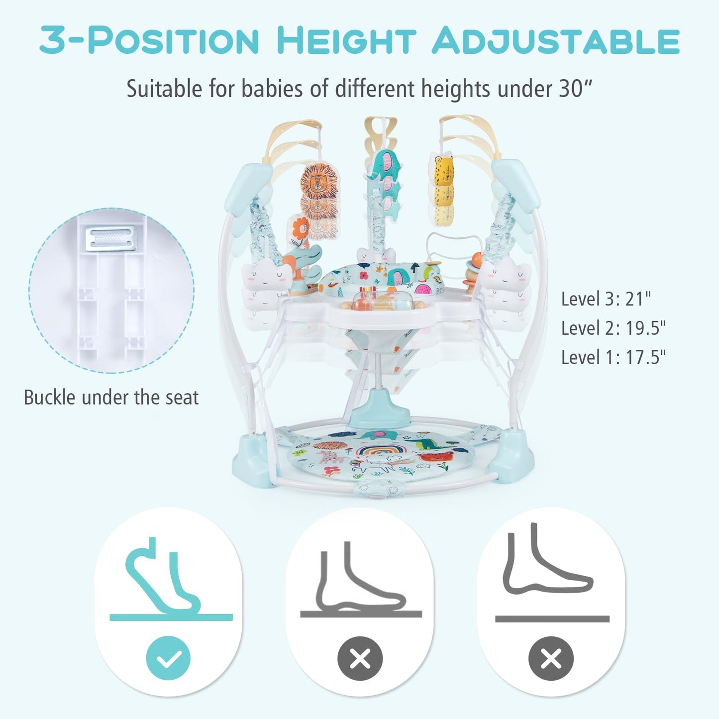 INFANS Baby Activity Center, 3 in 1 Play Center Jumpers and Bouncers with Music, Lights, Interactive Toys, 360°Rotating Seat, Adjustable Heights, Exersaucer Learning Toys for 6-12 Months (Light Blue)