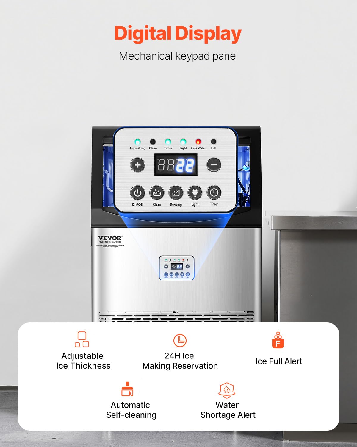 VEVOR 90lbs/24H Commercial Ice Maker Machine with Drain Pump, 33lbs Storage Capacity Ice Maker, 50 Ice Cubes in 15 Minutes, LED Digital Display Freestanding Self-Cleaning for Bar Office Restaurant