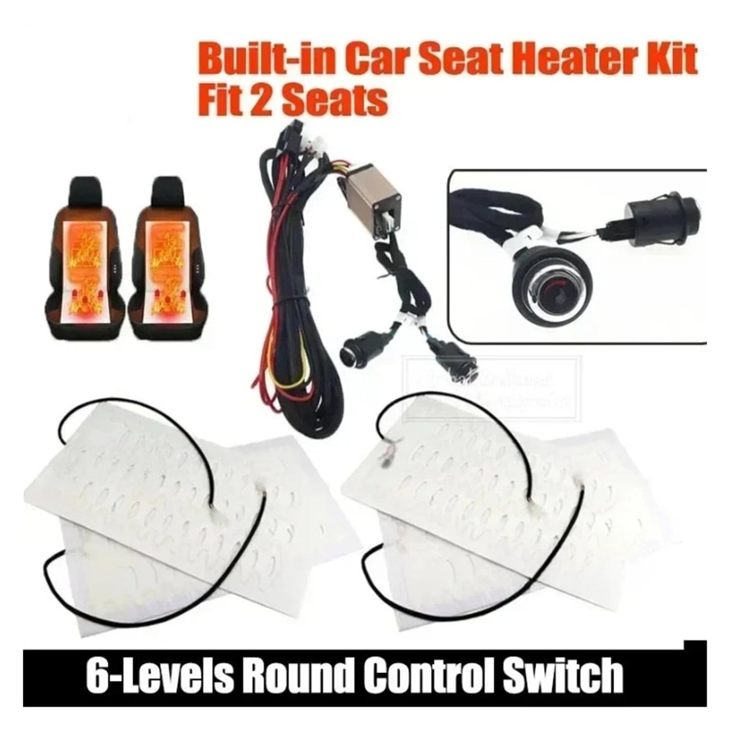 YVKNCDL 12V Universal Built-in Car Seat Heater Kit Fit 2 Seats Alloy Wire/Carbon Fiber Fast Heating Pads 6-Levels Round Control Switch(Only 4 Alloy Pads)