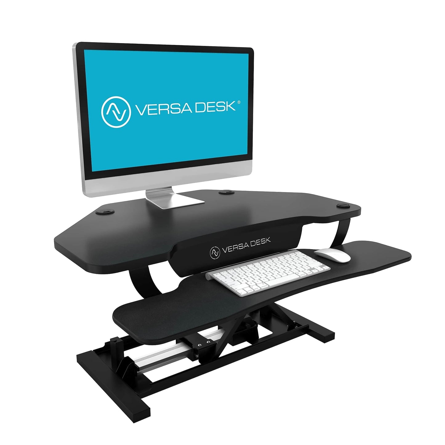 VERSADESK® PowerPro™ 36" Corner Standing Desk Converter, 36 Inch Motorized Height-Adjustable Standup Desk Riser Sit to Stand Desktop with Keyboard and Mouse Tray + USB Charging Port, Black