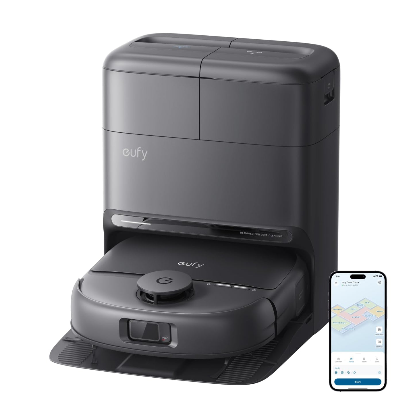 eufy Robot Vacuum C28 for Pet Hair, 15,000 Pa Suction, HydroJet™ Self-Cleaning Roller Mop, DuoSpiral Anti-Tangle Brush, All-in-One Auto-Empty Station, AI Obstacle Avoidance
