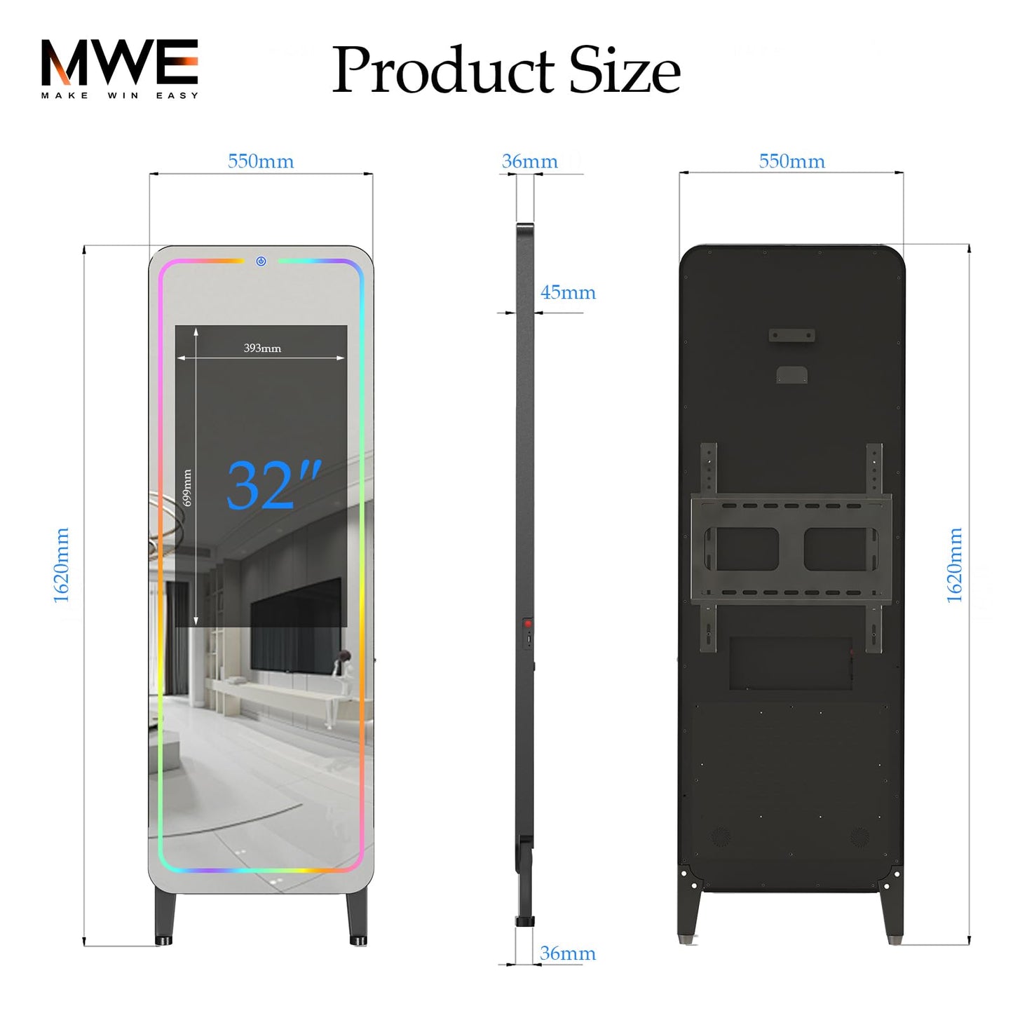 Smart Gym Mirror for Home Workout | 32" HD Touch-Screen Andriod OS | 63" Reflective Surface | No VIP Fees Support Various APPs, Voice Control, Music Sync LED Light Strip, for Home Gym/ Yoga/ Dance