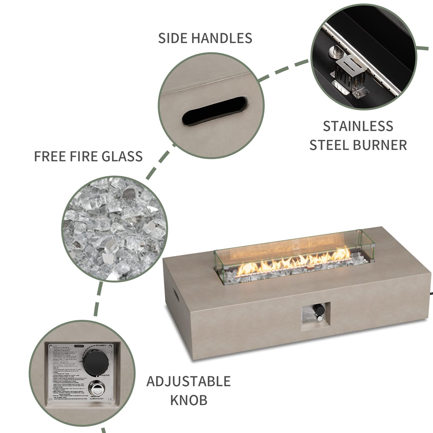 COSIEST Outdoor Propane Fire Pit Table, 56-inch x 28-inch Rectangle Gray Concrete-Like Finish, Certified, 50,000 BTU Stainless Steel Burner w Transparent Gray Fire Glass, Wind Guard, Raincover