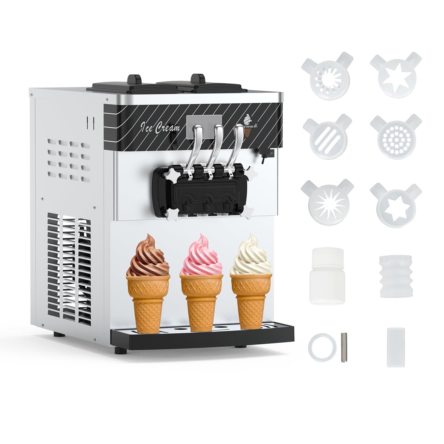 Commercial Ice Cream Maker, 5.8-7.9Gal/Hour Commercial Soft Ice Cream Machine, 2 X 7L Rangers, LED Display Design,with Auto Clean Function, 3 Flavors for Restaurants, Cream Shops