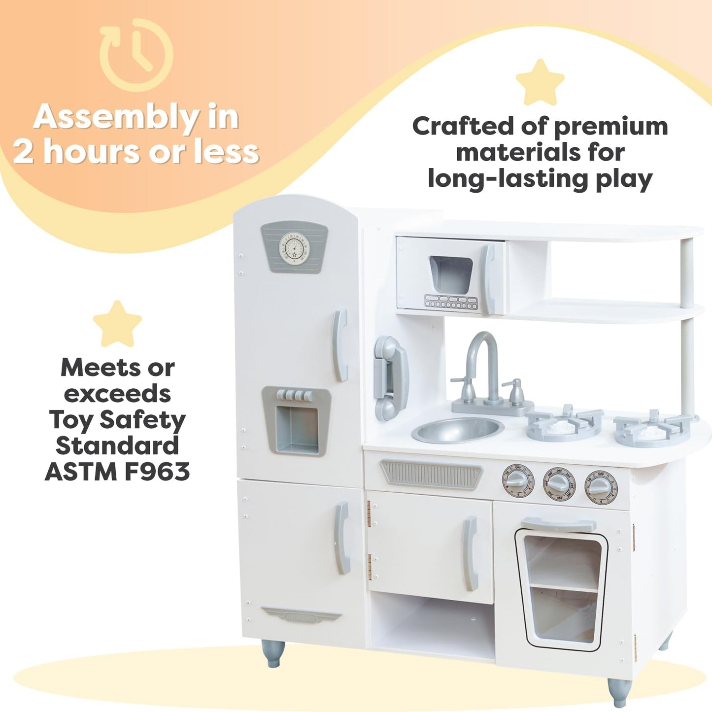 KidKraft Vintage Wooden Play Kitchen with Pretend Ice Maker and Play Phone, White