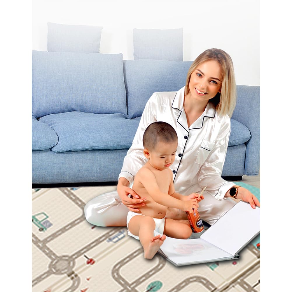 Baby Play Mat for Floor 79 x 71”Reversible Foldable Foam Extra Large Thick Foam Playmat Babies Waterproof Crawling Mat for Infants Toddlers and Kids Indoor Outdoor Use (Car and Animals)