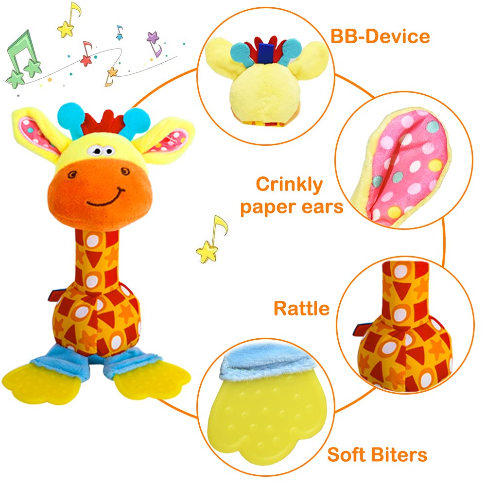 HUADADA Baby Soft Rattles Shaker, Infant Developmental Hand Grip Toys, Sensory Learning Toys with Teether, Sounds for Baby, 3-6-9-12 Months Old