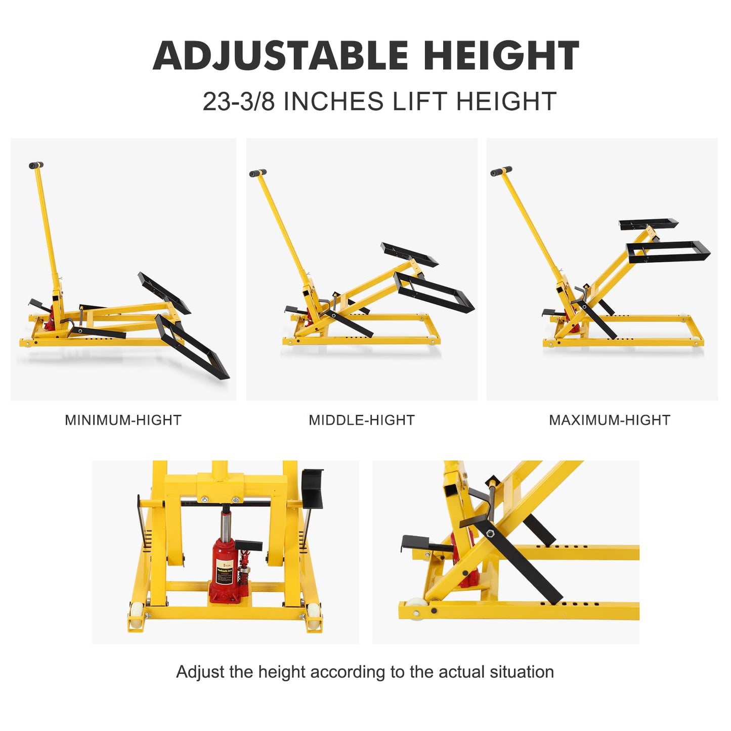 Lawn Mower Lift Jack, Hydraulic Lawn Mower Lift, 500 LBS Capacity, 26-1/2 Telescopic in Lift Riding Lawn Mower Maintenance, for Riding Tractors and Zero Turn Lawn Mowers (Yellow)