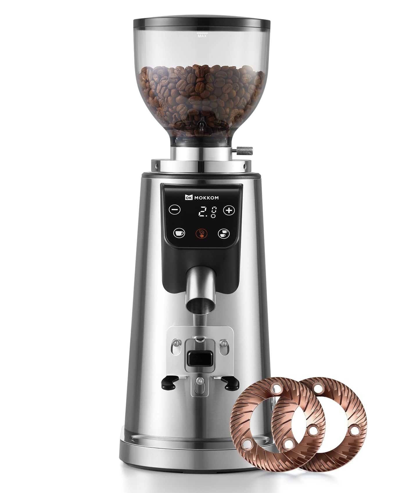 MOKKOM Professional 64mm Plated Flat Burr Coffee Grinder with 100 Grind Settings, All-Metal Stainless Steel Body, Coffee Bean Grinder with Adjustable Electronic Timer, Anti-Static, LED Display