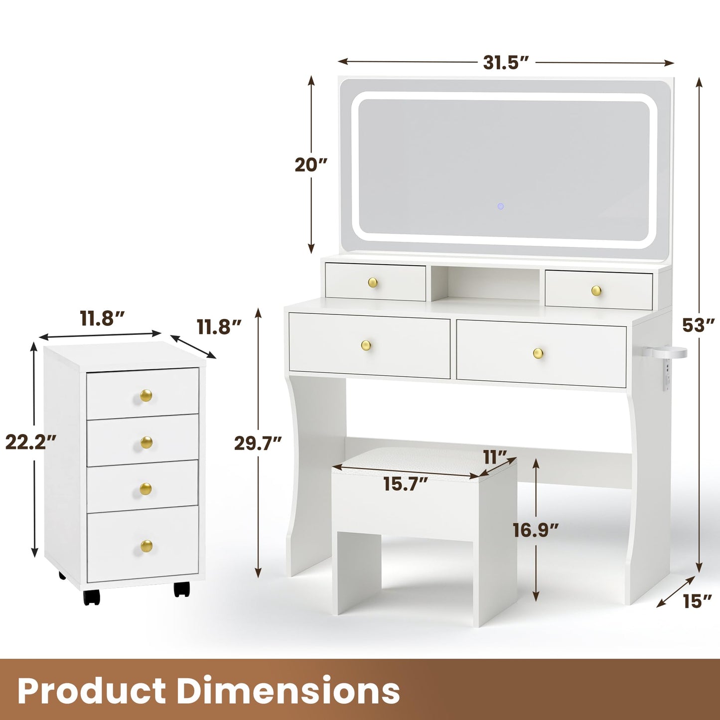 Pamapic Mobile File Cabinet Vanity Desk with Mirror and Lights, 8 Drawers Makeup Vanity Desk with Lights and Upgraded Silent Slides, 3 Lighting Modes Makeup Vanity with Charging Station, White