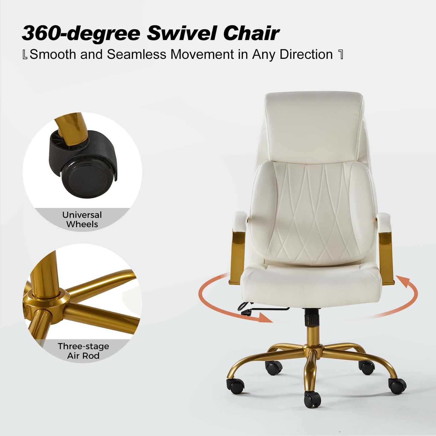 HULALA HOME Executive Office Chair with Adjustable Lumbar Support, Leather Ergonomic Office Chair with Padded Armrests, Tilt and High Back, White and Gold