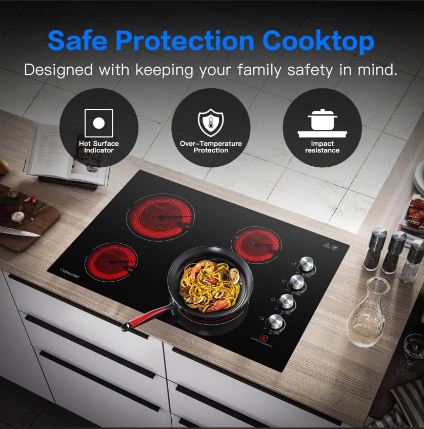 AMZCHEF 30 Inch Electric Cooktop, Built-in with 4 Burners Max 7000W with 30" Glass Ceramic Cook Top,Knob control, Hot Surface Indicator,220V - 240V Hard Wire, No Plug