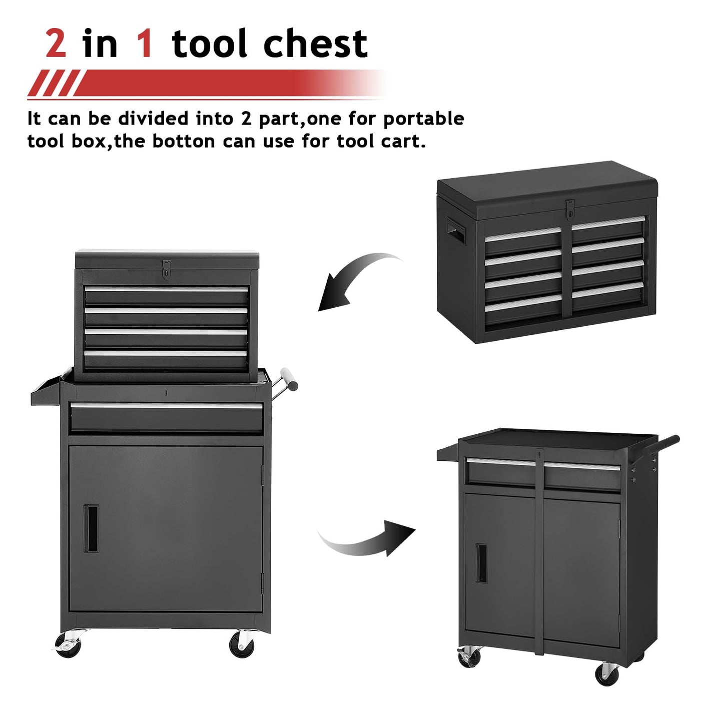AirWire Tool Chest,5-Drawer Rolling Tool Storage Cabinet with Enhanced Packaging, Detachable Top Tool Box, Metal Tool Cart for Garage Workshop,Black, ATC001BK