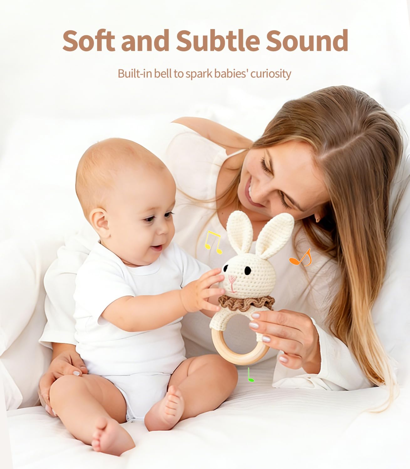 Baby Rattle Toys, Handcrafted Crochet Bunny Rattles with Wooden Teething Ring, Organic Newborn Toy Crochet Stuffed Animal Rattle Baby Announcement Ideas, Beige