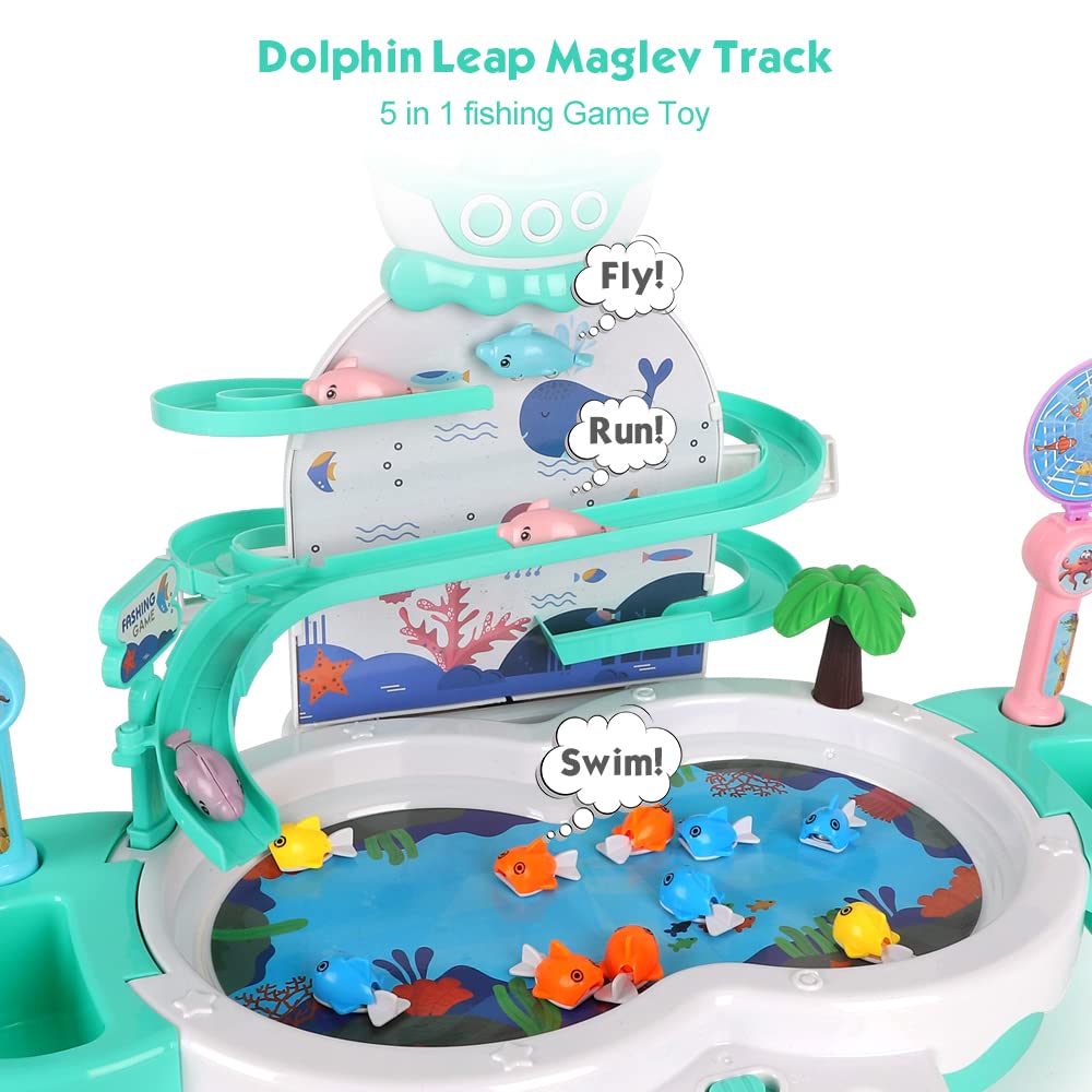 Magnetic Baby Fishing Toy Set, 3 in 1 Fishing Game for Toddlers & Kids with Slideway & Music Story, 10 Fish, 3 Dolphins, 2 Fishing Poles, Learning Educational Sound Effect Toys (Green1)