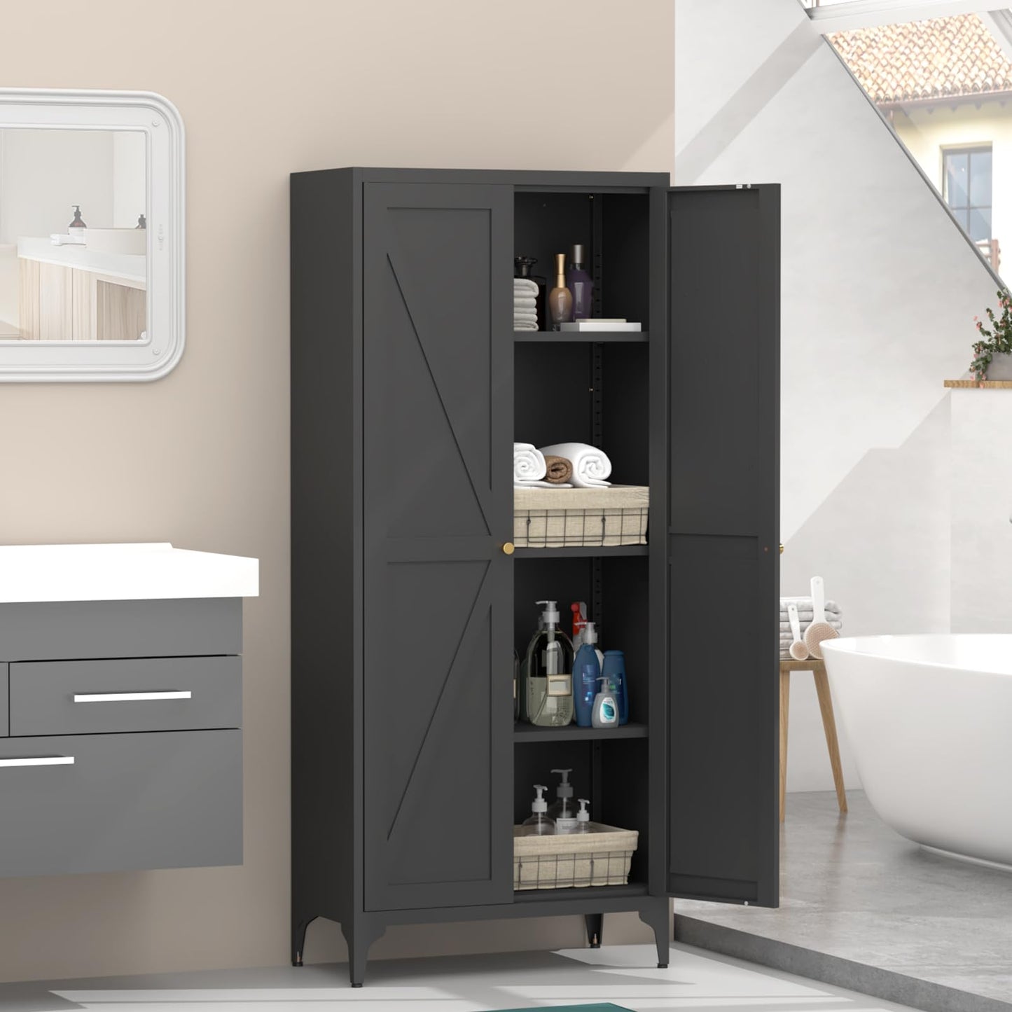 FATIGOS 65" H Kitchen Pantry Storage Cabinet, Black Metal Storage Cabinets with 2 Doors and Adjustable Shelves, Kitchen Storage Cabinet, Cupboard for Dining Room, Living Room and Bathroom