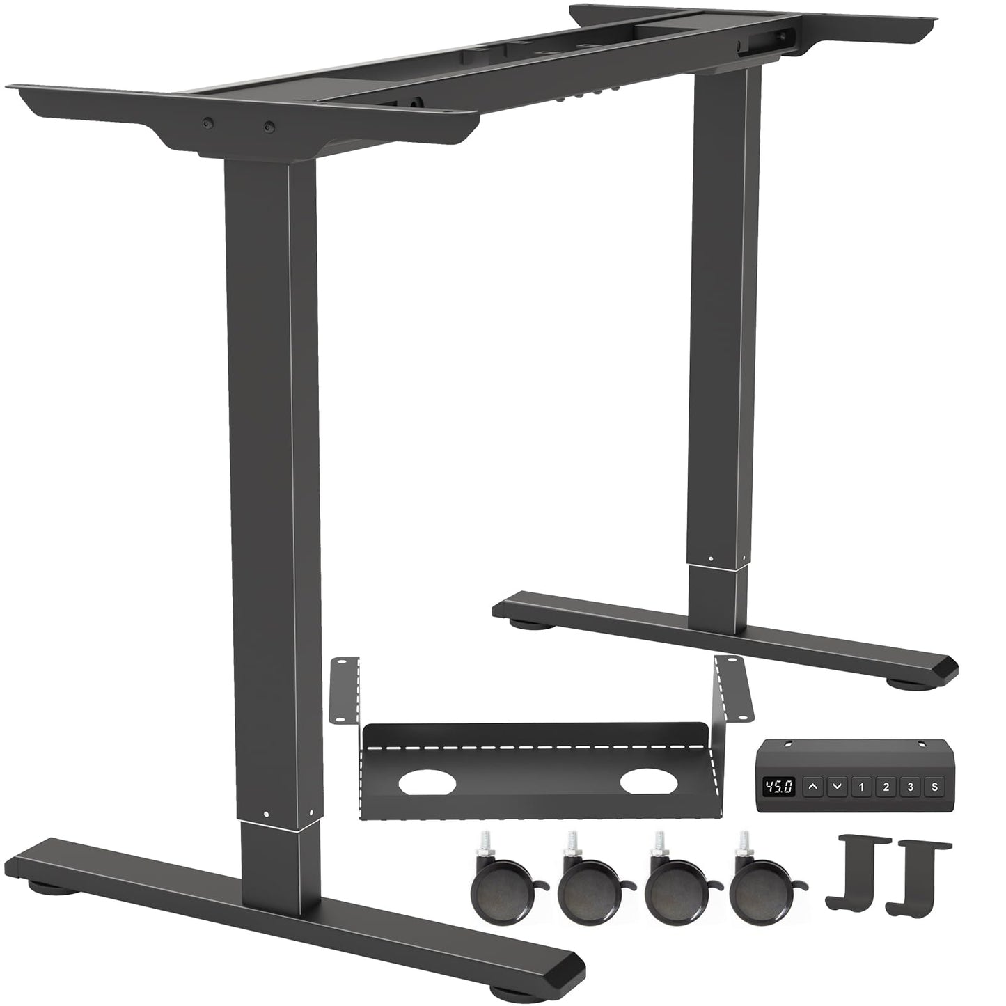PrecieuxFoyer Dual Motor Standing Desk Frame, Electric Adjustable Legs with Memory Presets, Stand Up Desk Frame Workstation, with Cable Management Tray, Headphone Hook, Caster Wheels, for Home Office