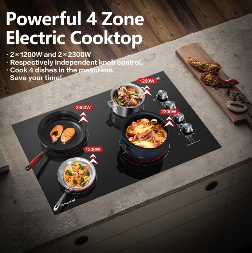 AMZCHEF 30 Inch Electric Cooktop, Built-in with 4 Burners Max 7000W with 30" Glass Ceramic Cook Top,Knob control, Hot Surface Indicator,220V - 240V Hard Wire, No Plug