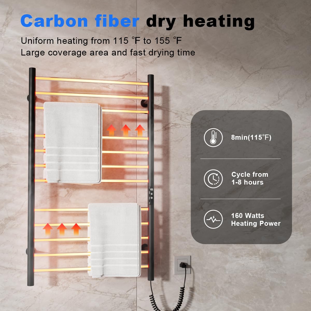 MENATT 12 Bars Heated Towel Warmer Racks Wall Mounted, Electric Heated Towel Rack for Bathroom,Towel Warmer Rack with Built-in Timer,Adjustable Temperature,Matte Black