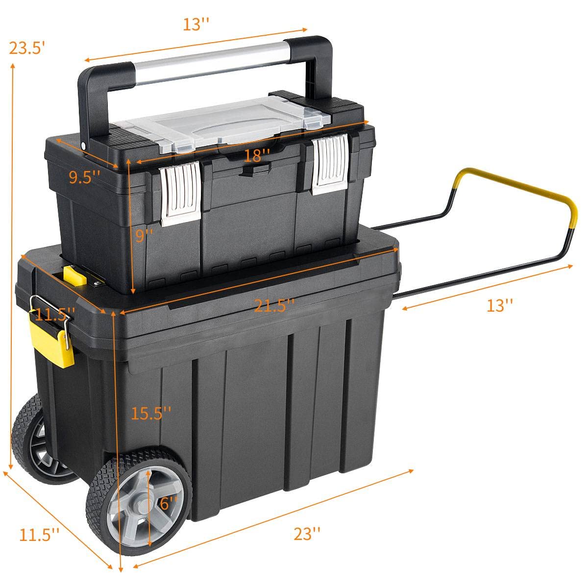 IRONMAX Portable Rolling Tool Box, 2 in 1 Stackable Mechanic Tool Organizer with Wheels and Pull Handle, Plastic Toolbox with Removable Tray for Tools and and Small Parts Storage