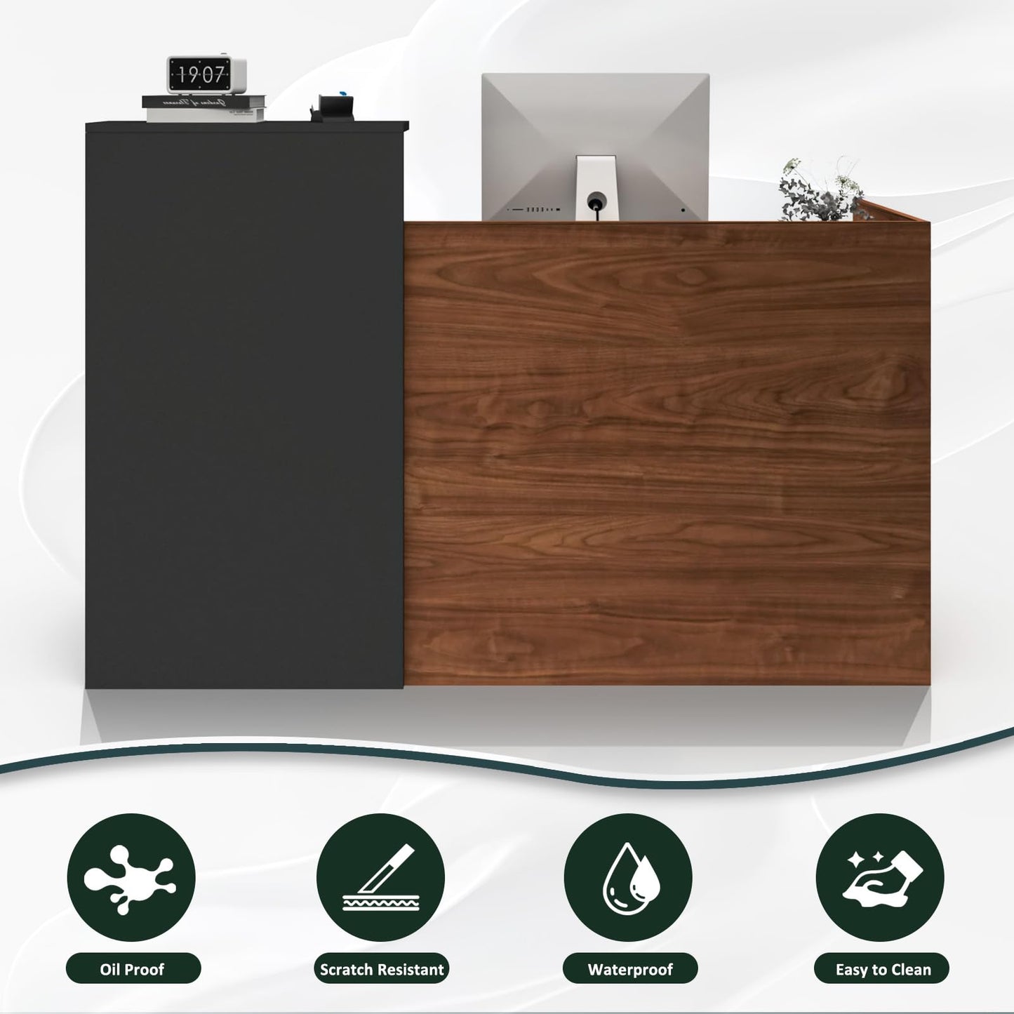 YTElantivo 63″ L-Shaped Reception Desk with Counter – Modern Office Front Desk for Salon, Clinic & Retail, Spacious Workstation, Easy Assembly, Black-Brown Receptionist Desk