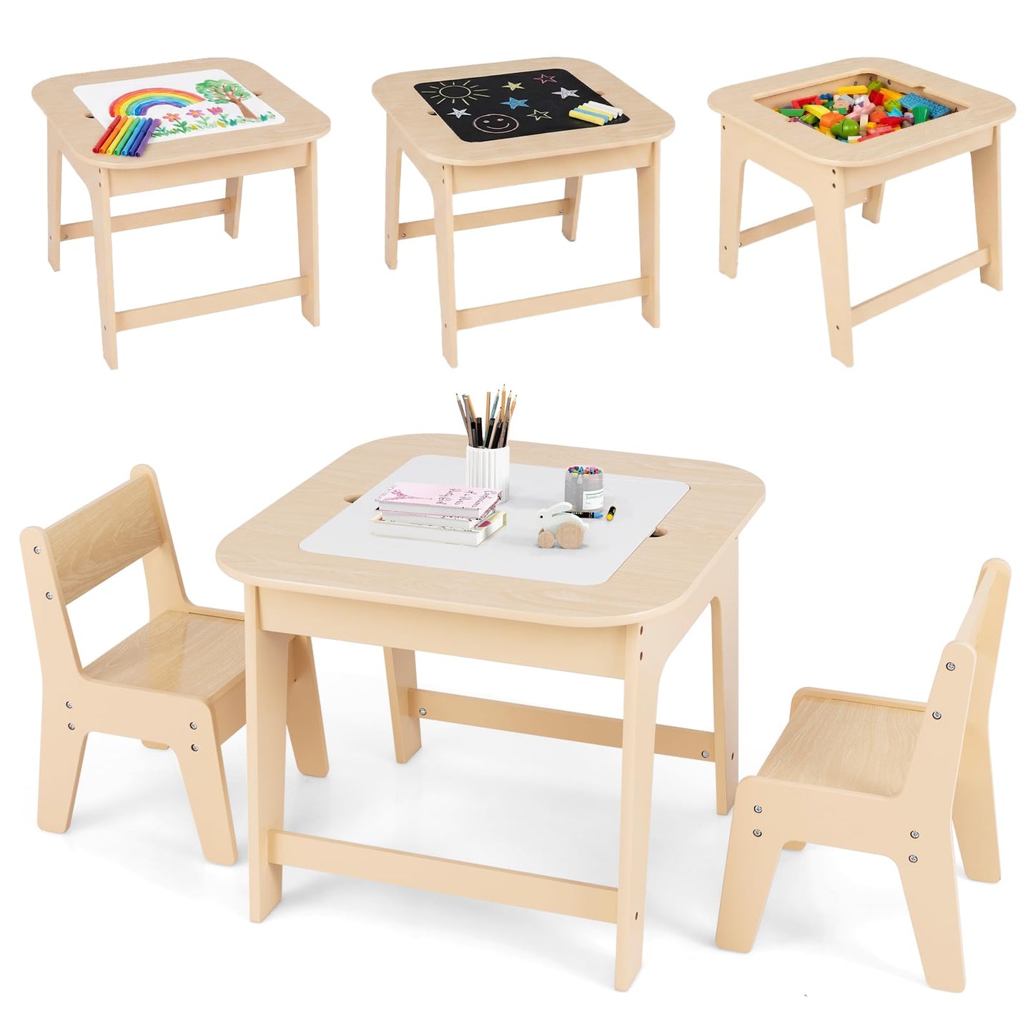INFANS Kids Table and Chair Set, 3 in 1 Wooden Activity Table with Removable Tabletop, Blackboard and Whiteboard for Toddlers Arts Crafts Drawing Reading Playing, Playroom Nursery (Natural)