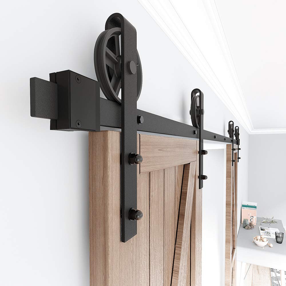 WINSOON 12FT Wood Double Sliding Barn Door Hardware Basic Black Big Spoke Wheel Roller Kit，5-18FT for Choose