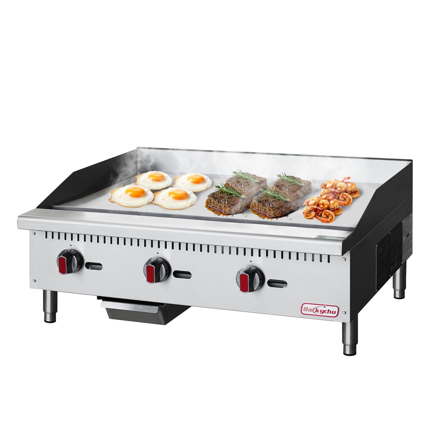Backychu Commercial Gas Griddle - 36" Countertop Griddle. 90,000 BTU Flat Top Griddle, Natural Gas (NG) / Propane, CSA Certified Stainless Steel Teppanyaki Grill for Restaurants