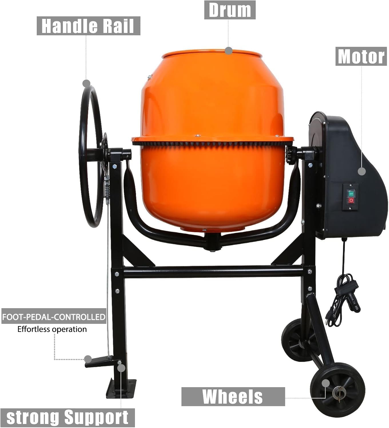 DAJYAWON Electric Cement Mixer, 4.3 Cubic Ft. Concrete Mixer with 550W Motor & 7-inch Wheels, 2/3 HP Portable Concrete Mixing Machine Tools for Stucco, Mortar, Seeds, Feed