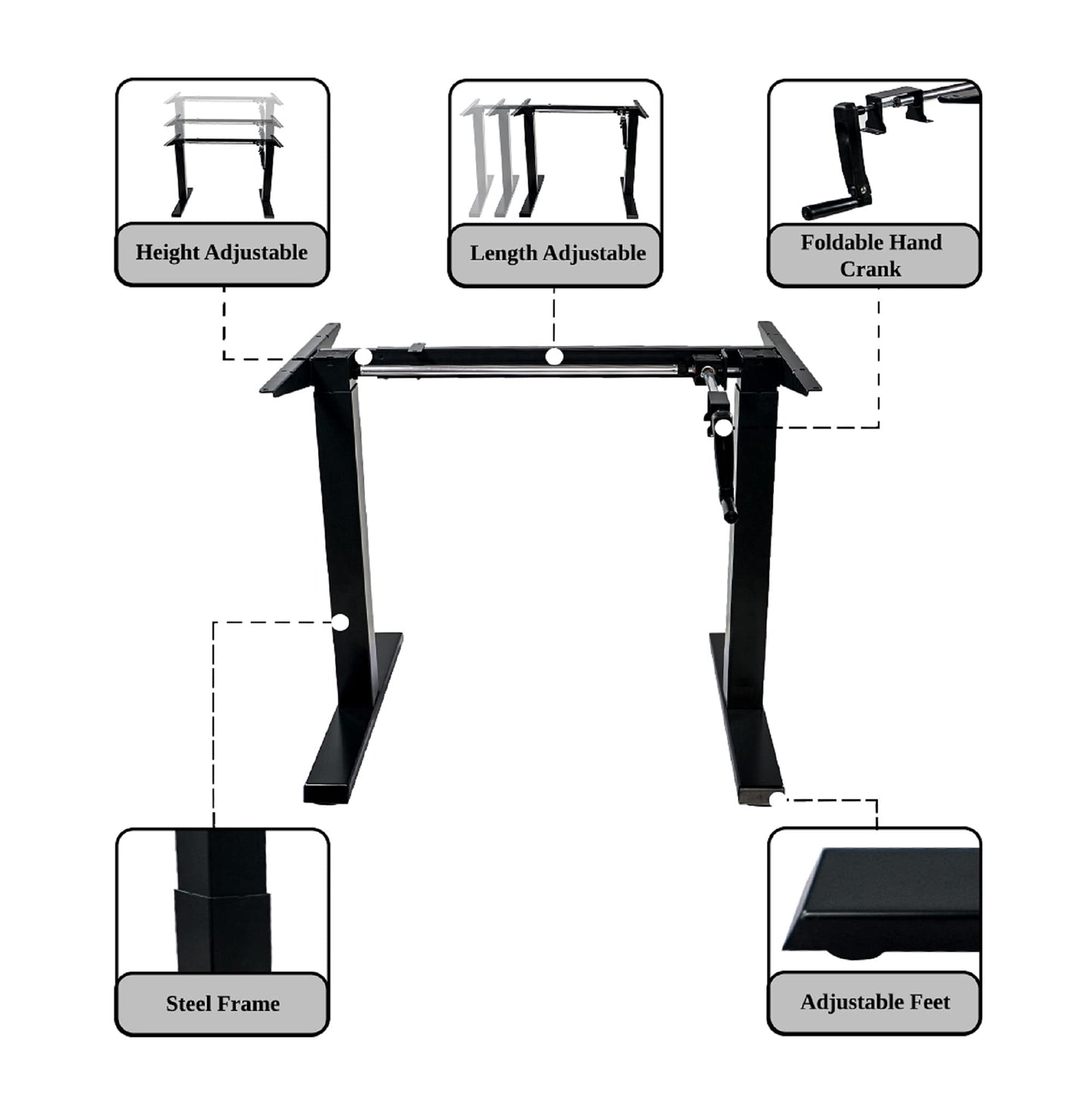 ErgoMax Black Height Adjustable Crank Desk Frame, Tabletop Not Included, 48.56 Inch Max Height