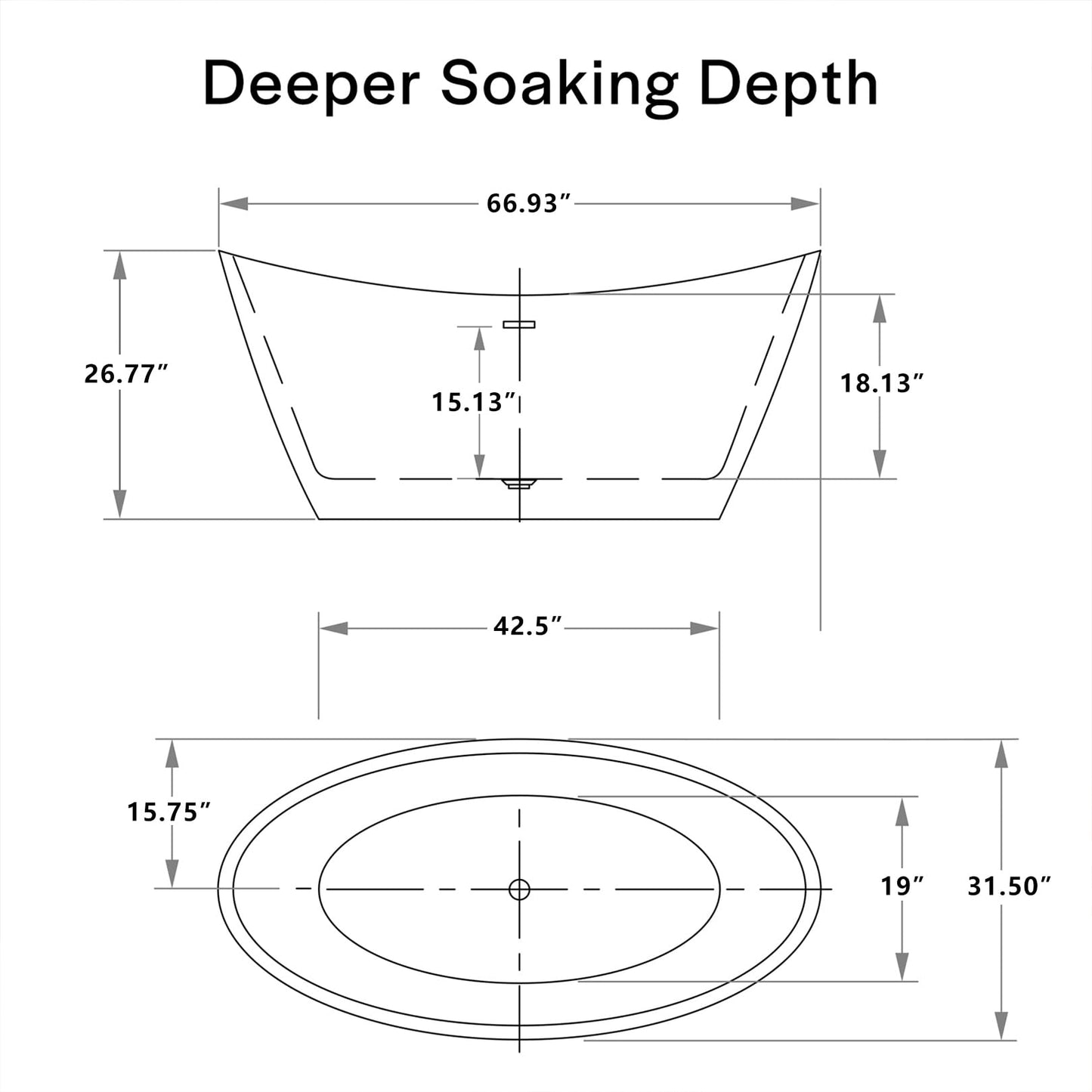 Empava 67 Inch Freestanding Bathtub, Oval Deep Soak Acrylic Tub with Anti-Slip Bottom for Bathroom, Luxurious SPA Experience at Home (Drain & Overflow Included)