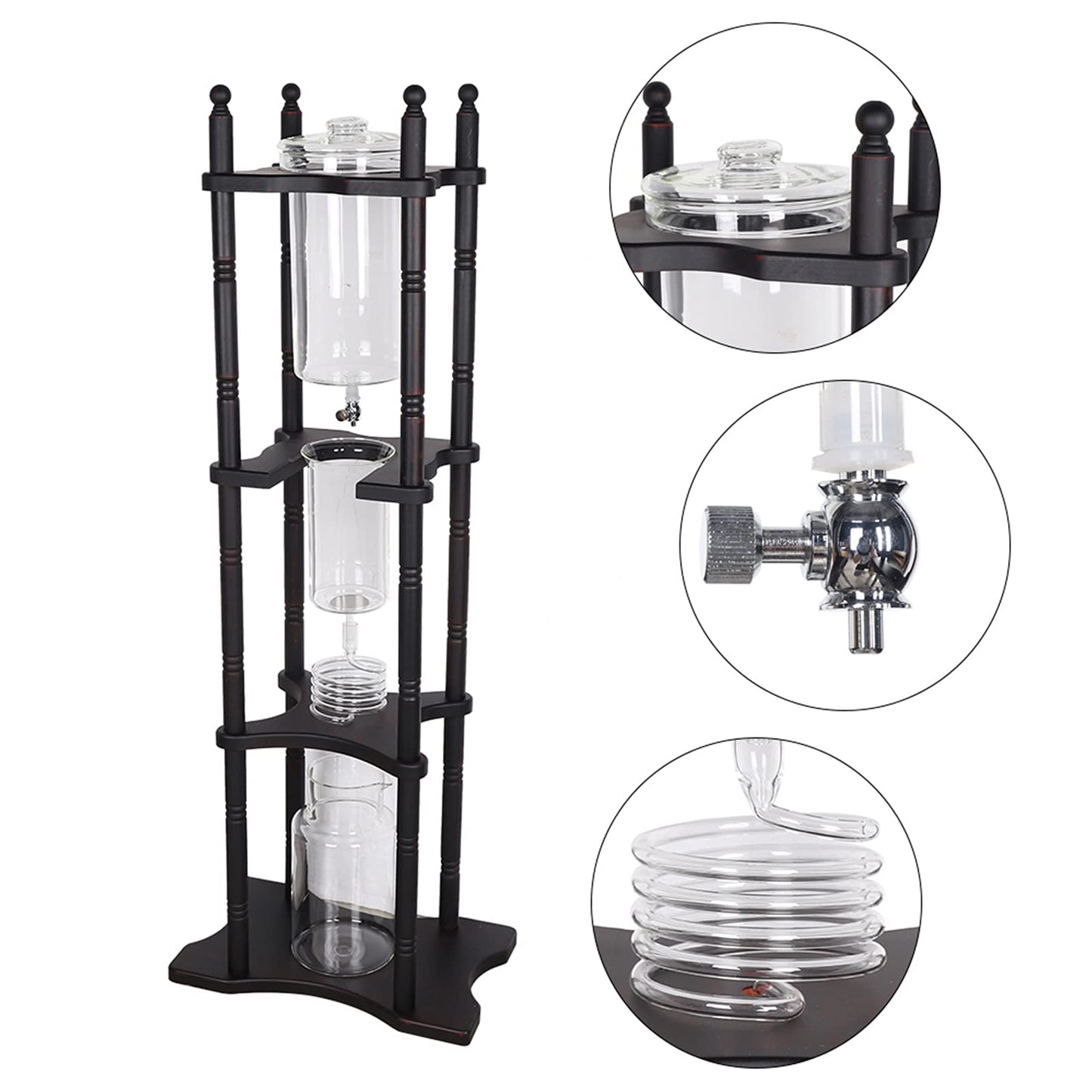 HinLIaDa Cold Drip Coffee Maker, 2.5L Large Capacity Cold Brew Coffee Tower, Slow Drip Japanese Cold Brew Maker, with Wood Straight Frame, for Home, Coffee Shop (Black)