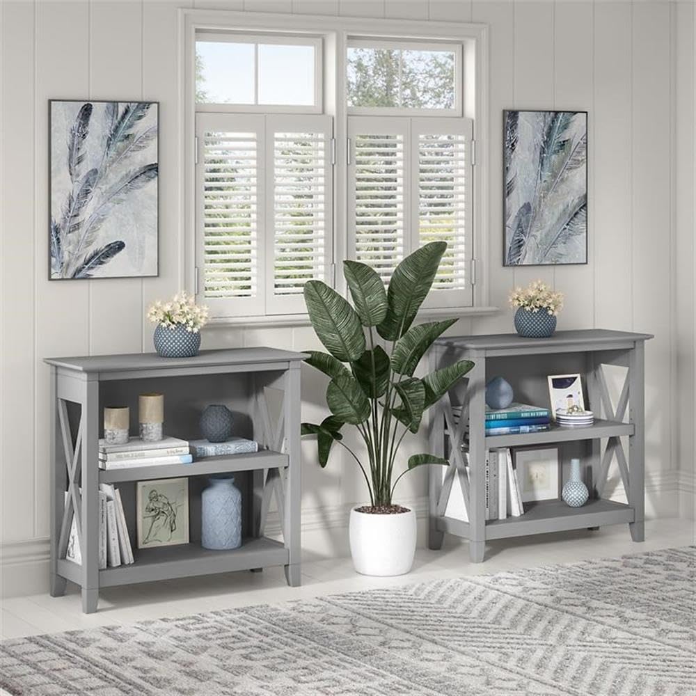 Bush Home Key West Small 2 Shelf Bookcase in Cape Cod Gray, Compact Home Organizer, Vertical Storage Solution, Bookshelf for Office or Living Room