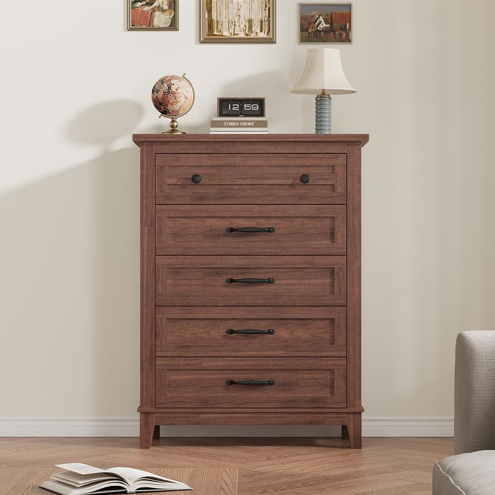 GarveeHome 5 Dresser for Bedroom, 41.3 in Tall Vertical Drawer Dresser with Large Storage, Freestanding Wooden Closet Chest for Bedroom, Living Room, Walnut